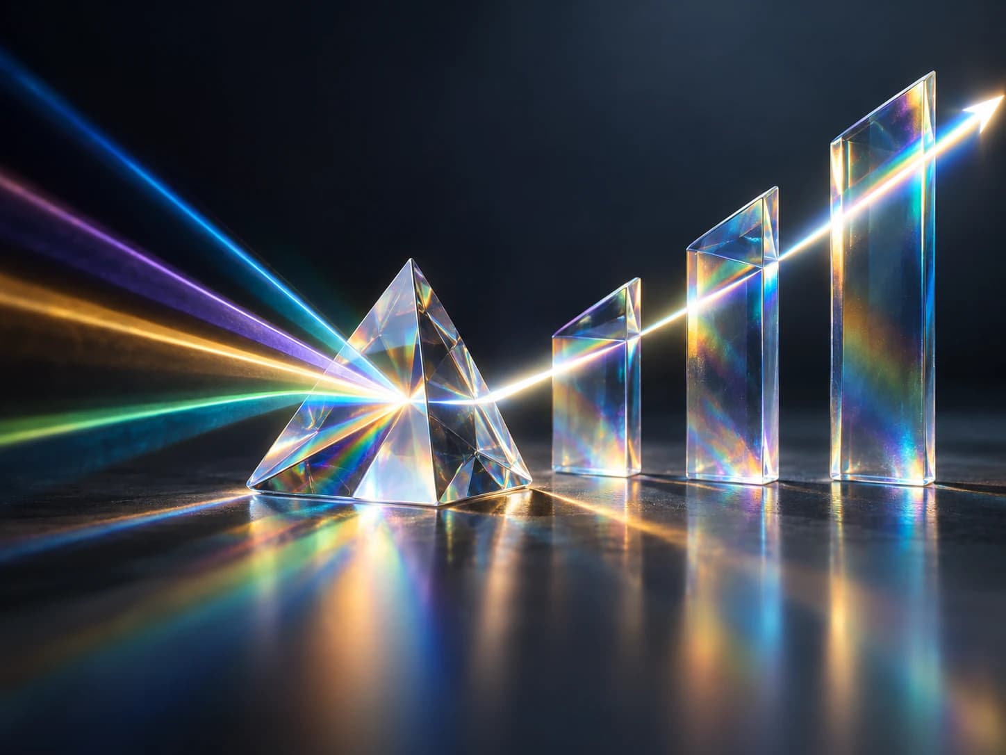 Rainbow light converging through a glass prism into ascending forms, representing PPC performance growth