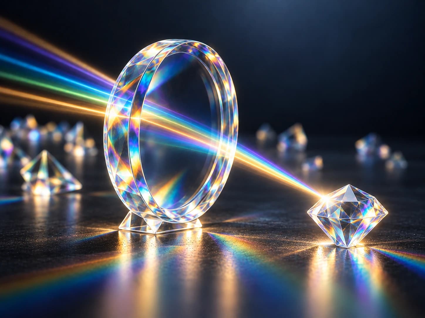 A glass lens focusing rainbow light onto a gem, representing search visibility and relevance