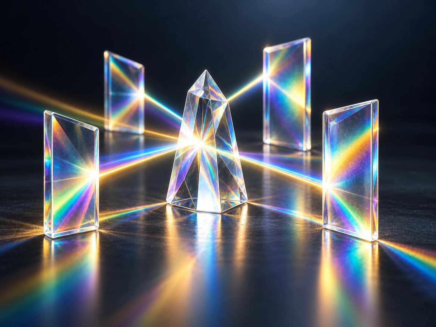 A central glass prism distributing rainbow light across connected panels, representing social media reach