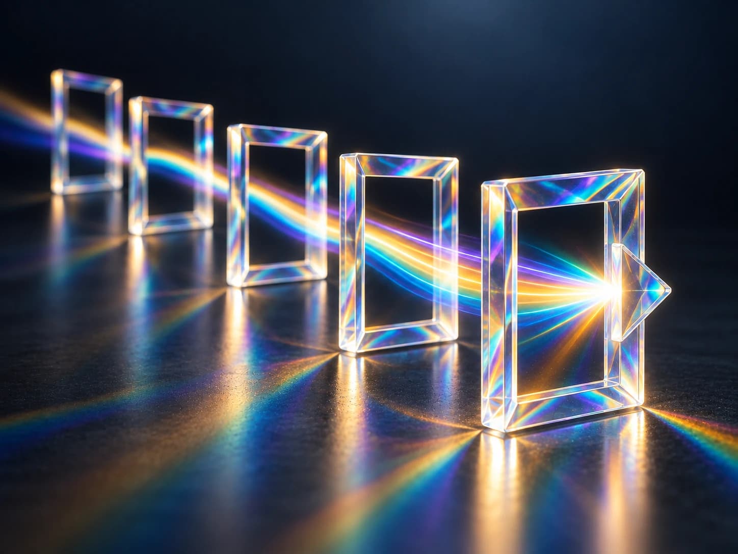 Rainbow light flowing through sequential glass frames, representing video production