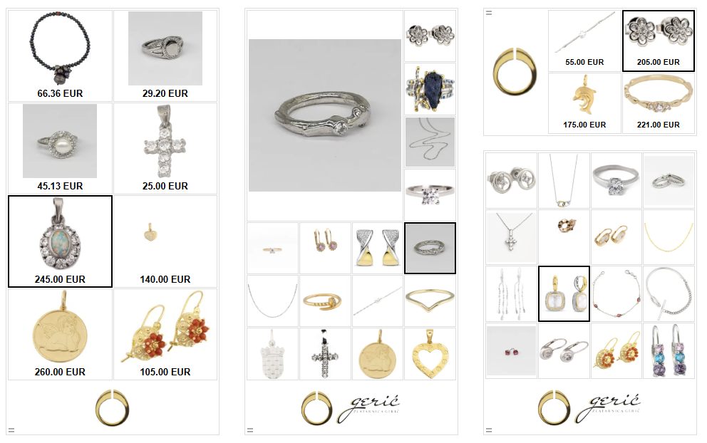 Zlatarnica Gerić catalogue ads in four layouts, featuring rings, earrings, necklaces and pendants, with product prices and the brand logo.